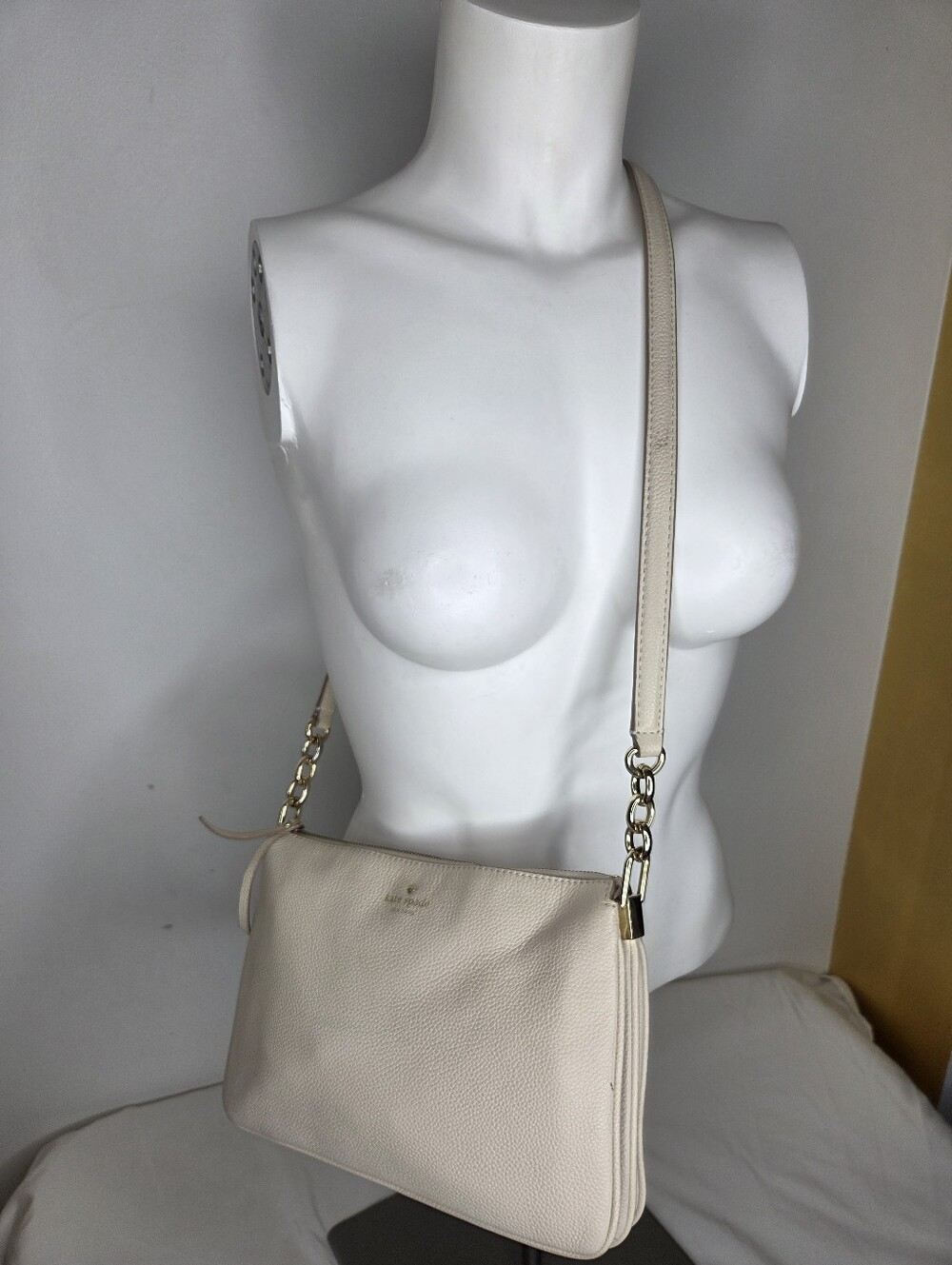 Kate Spade 10" X 7"inch Cream Peeble Leather Crossbody Bag Golden Hardware